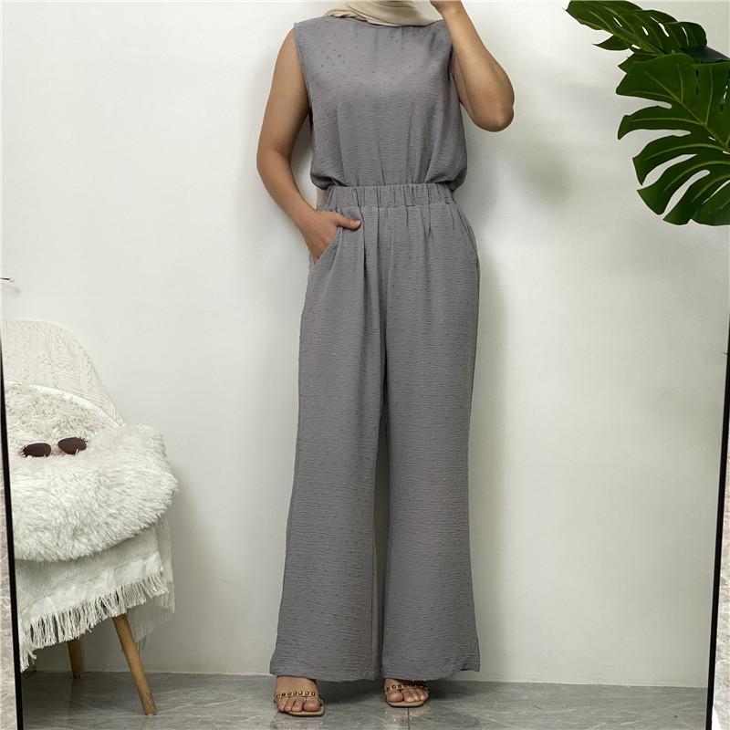 Product Introduction of Robe Three-Piece Set Long Cardigan Sleeveless Top and Pants with Pockets Muslim Islamic Clothing 1958 20