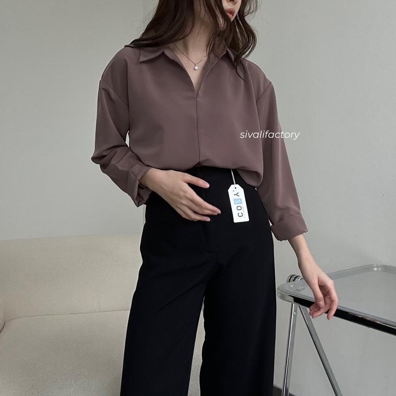 SIVALI Minji Shirt | Basic Loose Office Shirt - Kemeja Wanita Kantor Atasan Baju Anti Kusut Panjang Tebal Polyester Silk Formal Oversize Formal Oversize Kerja Hitam Casual 3