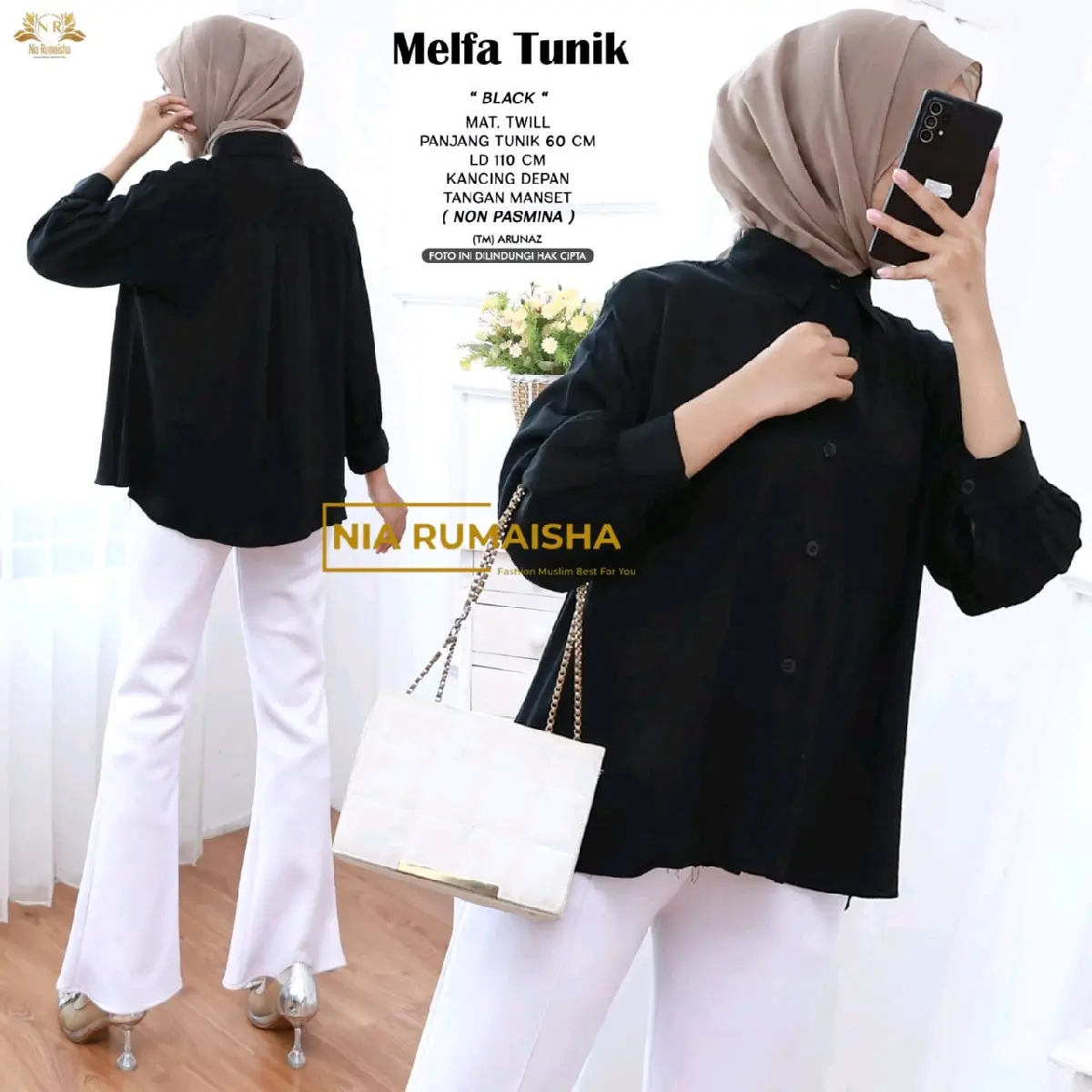 Melfa tunik by NIA RUMAISHA (atasan blouse kemeja polos bahan twill)