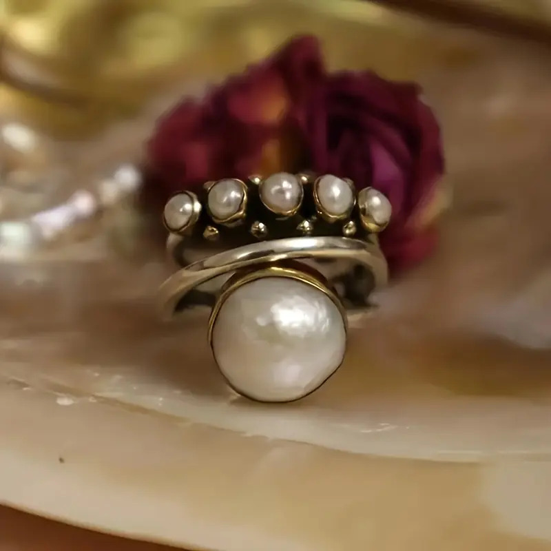 [Pearl Ring for Daily Party Wear] Fashion Bohemian Style Pearl Ring Ladies Daily Casual Party Holiday Band Ring Anniversary Commemorative Ring Gift 8