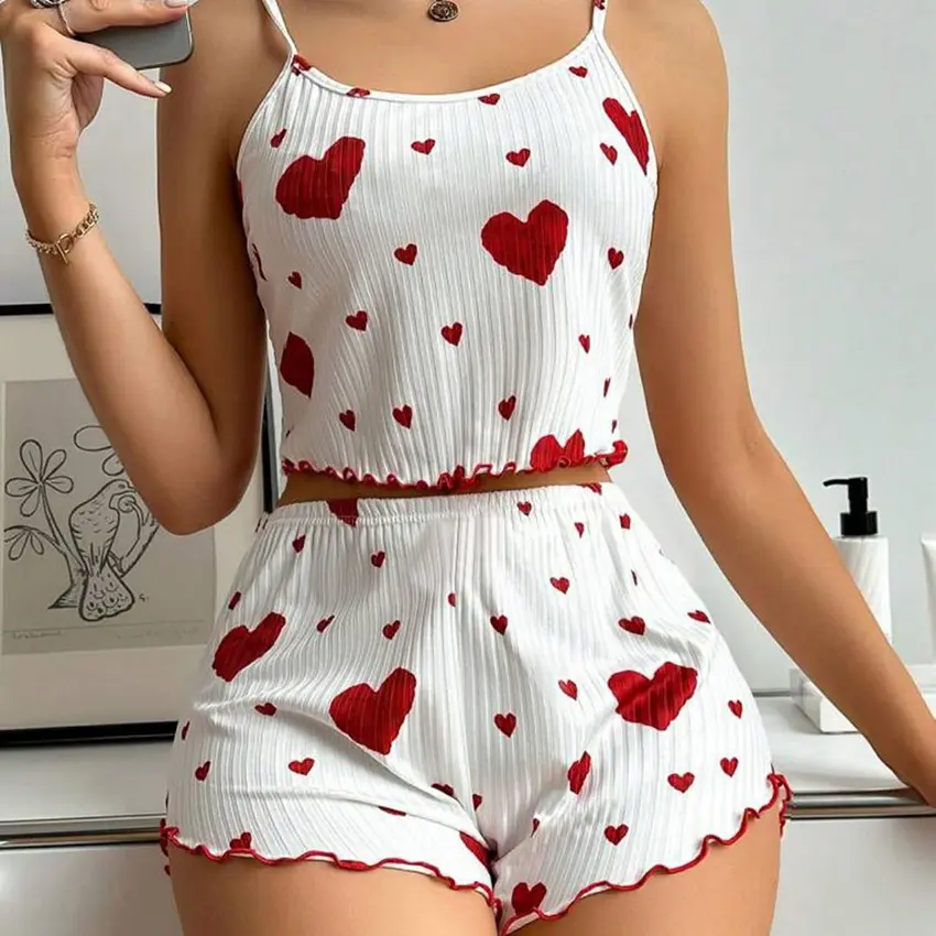 Summer New 2024 Knitted Sunken Stripe Heart Printing Design Sense Sweet Spaghetti-Strap Shorts Pure Desire Pajamas for Women Lingerie
