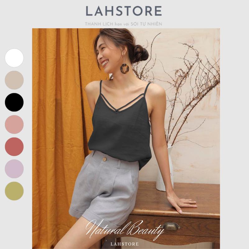 Áo 2 dây nữ LAHSTORE vải linen tưng gân, cổ tim, dây cổ đan chéo (Đen) Top