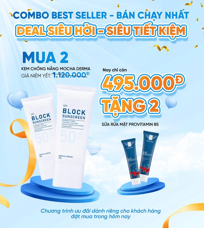 Combo Kem Chống Nắng Mocha Derma 7 Màng Lọc, Mua 2 Được 4, Kèm Sữa Rửa Mặt Provitamin B5