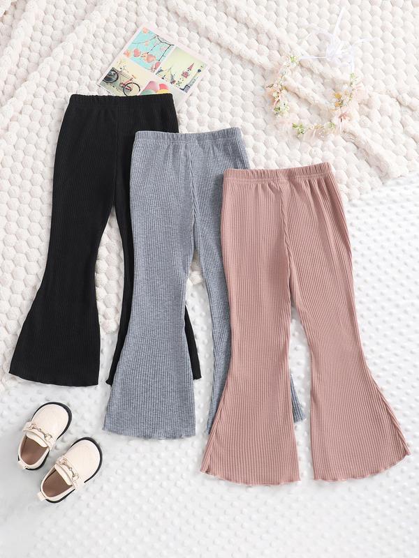 Toddler Girl's 3pcs Solid Lettuce Trim Elastic Waist Flare Leg Pants, Casual Comfy Trousers for Spring & Fall, Toddler Girls Bottoms for Daily Outdoor Wear 1