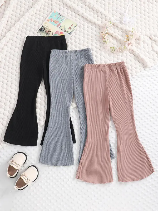 Toddler Girl's 3pcs Solid Lettuce Trim Elastic Waist Flare Leg Pants, Casual Comfy Trousers for Spring & Fall, Toddler Girls Bottoms for Daily Outdoor Wear 1