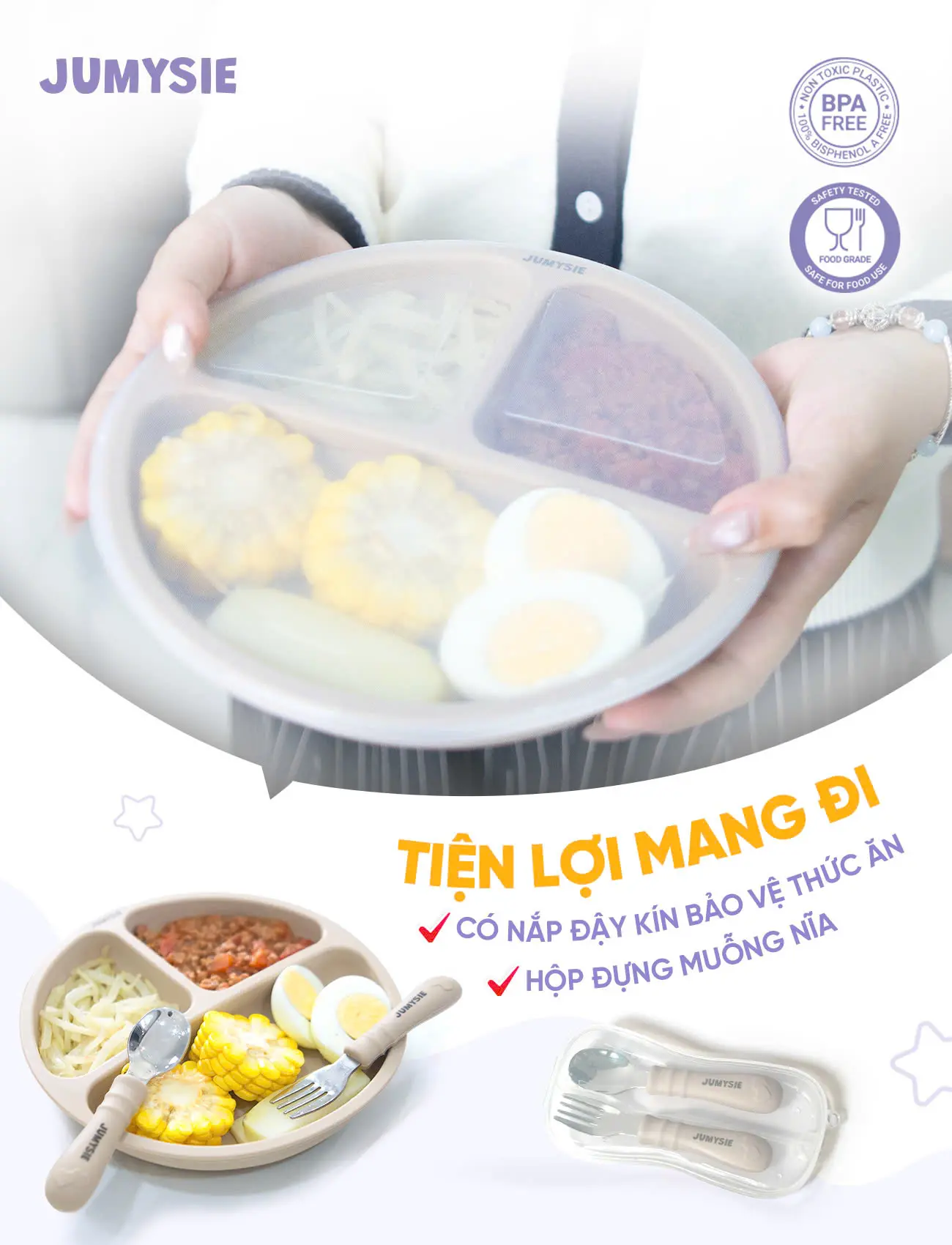 Set Ăn Dặm Jumysie Silicone Cao Cấp - Khay Ăn Dặm Chia 3 Ngăn Có Nắp, Thìa Dĩa Vừa Vặn, Dễ Vệ Sinh 2