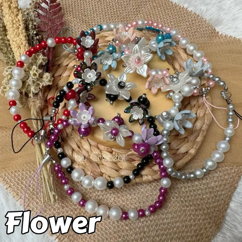 Lanyard Tali Gantungan Gelang Strap HP Phone Charm Handphone Device Kamera Handmade Macaron Candy Lanyard Full Warna Korean Style Black Pink Estetik Bracelet Beads Butterfly Smile Pearls Mutiara Ribbon Pita Flower Bunga Heart Hati Choco Karakter 5