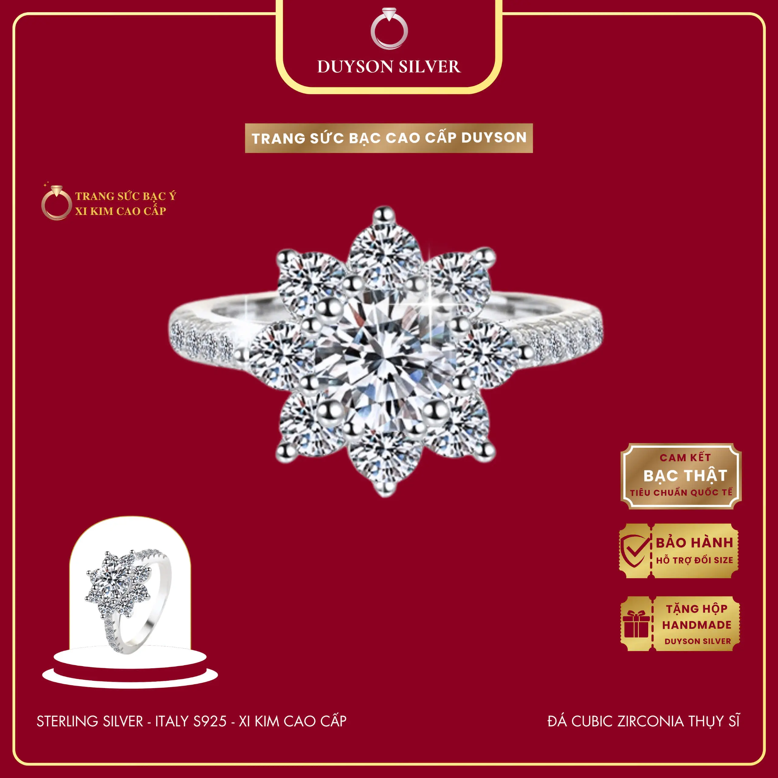 Nhẫn bạc Ý 925 mạ vàng trắng hoa hướng dương đính đá CZ 5A cao cấp DUYSON SILVER [NXK21]