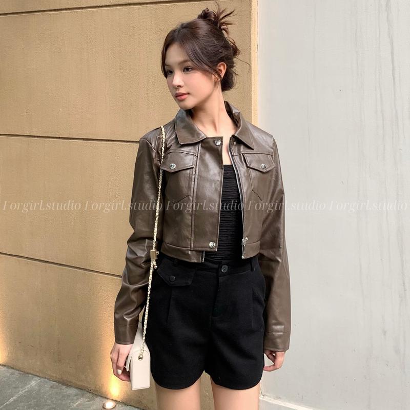 Áo khoác da Forgirlstudio áo da phối khóa kiểu dáng croptop cá tính chất da Pu phong cách Hàn Quốc y2k T012 Women Jacket Top