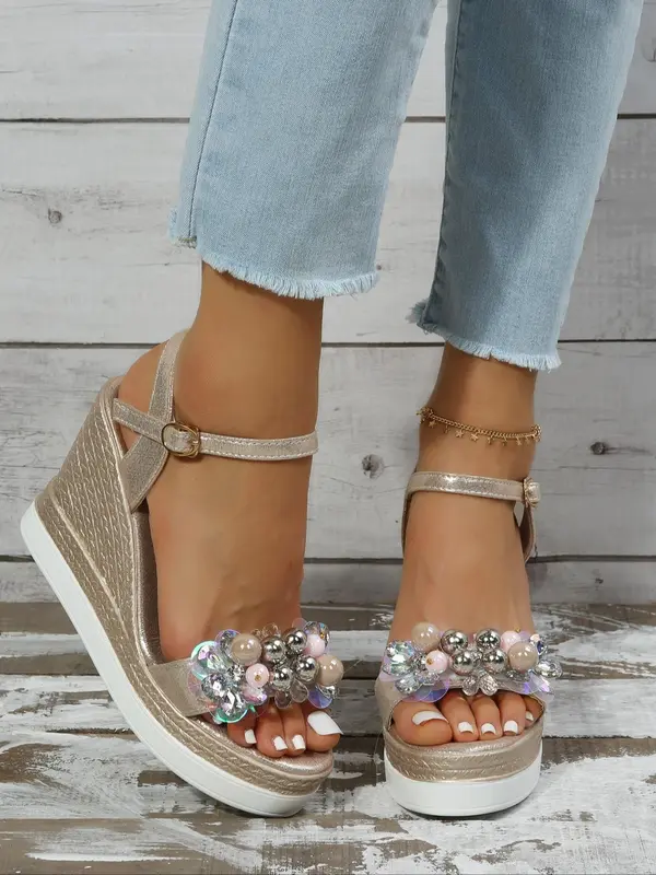 Women's Fashionable Flower Decorated Platform Sandals, Casual Comfortable Wedge Sandals for Summer, Female All-match Round Toe Sandals for Daily Wear, Girl 7