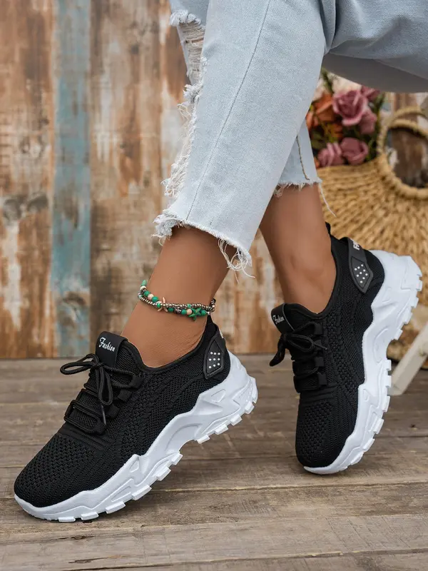 Women's Solid Color Lace Up Mesh Breathable Lightweight Running Shoes, Casual Comfortable Sports Shoes, All-match Round Toe Walking Shoes for Daily Wear 3