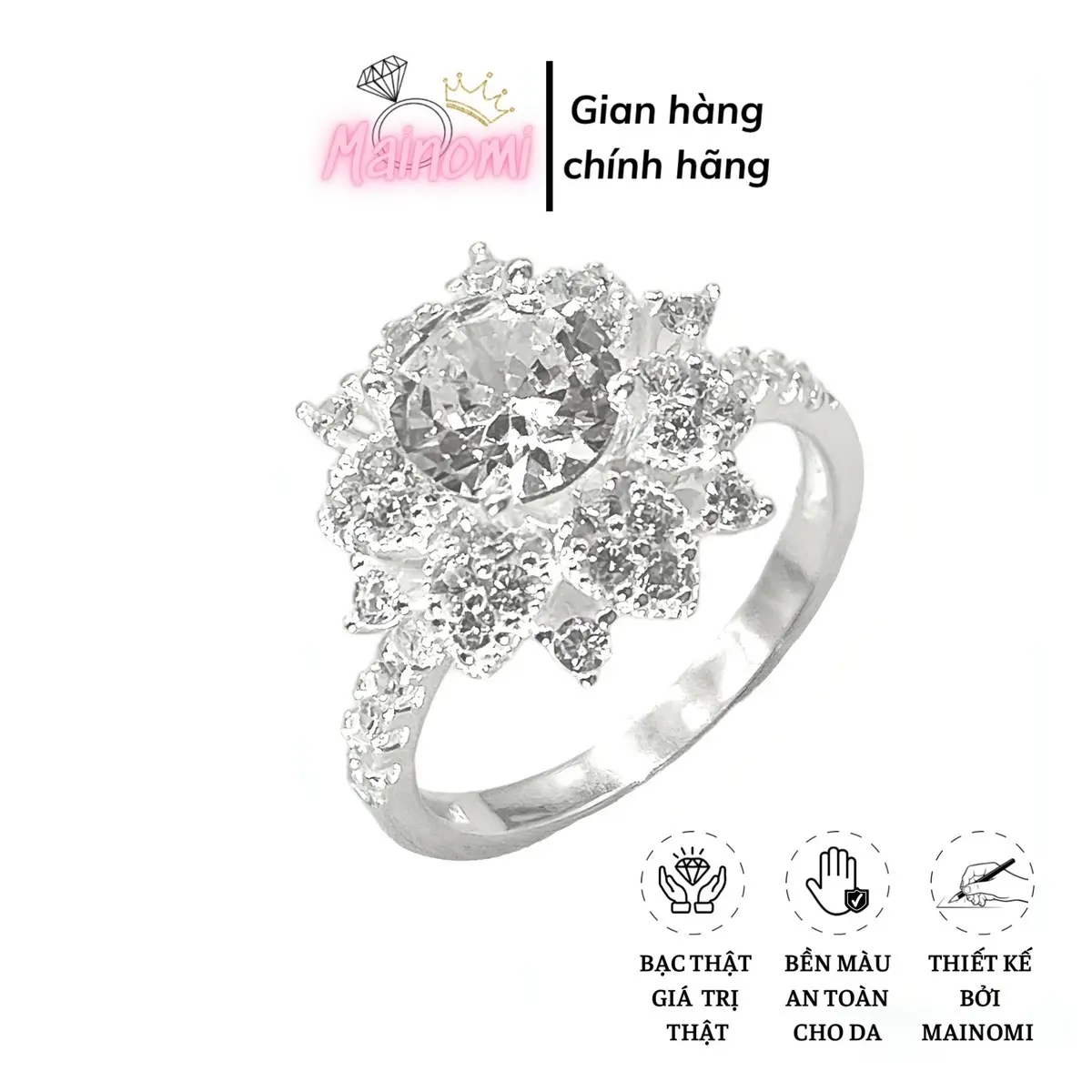 Nhẫn hoa mặt 1.5cm siêu sang xịn MAINOMI bạc xinh