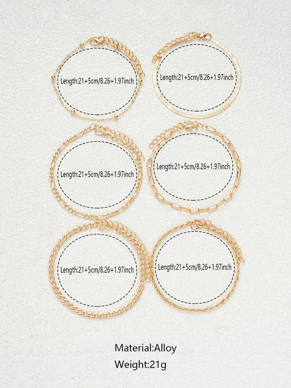Women's Boho Style Minimalist Anklets, 6pcs/set Fashionable Retro Anklets for Women & Girls, Trendy All-match Vintage Body Jewelry As Gift for Summer Decor 1