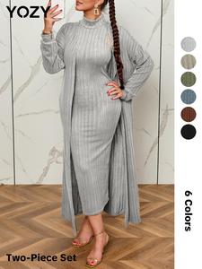 YOZY Women's Spring & Fall Textured High Neck Bodycon Long Dress & Long Sleeve Open Front Longline Oversize Outerwear Co-ord Set, Comfort Basic Womenswear, Valentine's Day Gift for Girl