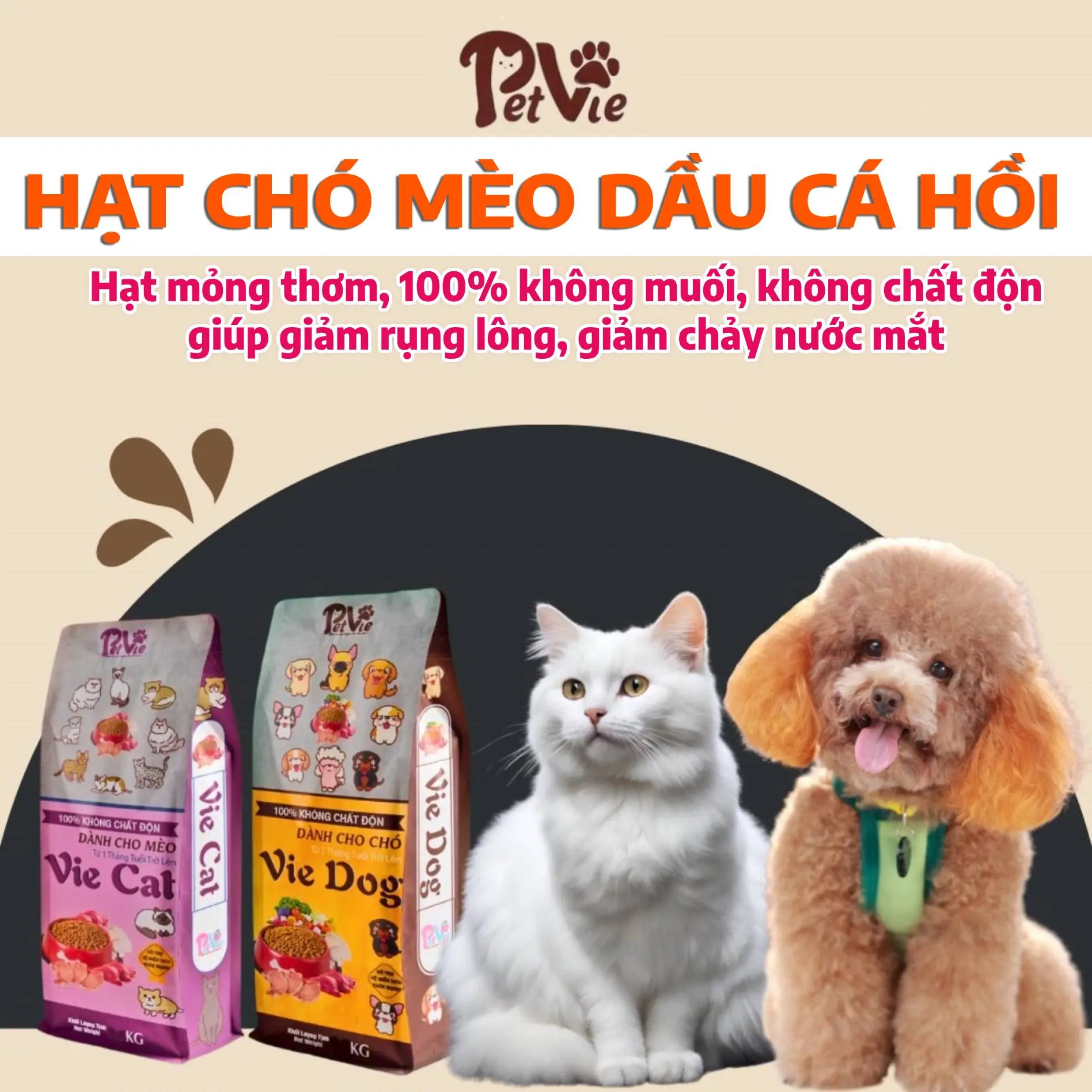 1KG hạt Chó Mèo PETVIE bổ sung Dầu Cá Hồi và Rau Củ giúp giảm rụng lông, giảm chảy nước mắt, khỏe mạnh