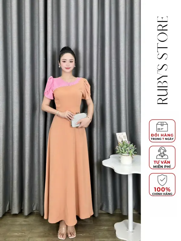 Đầm maxi RUBY thiết kế cao cấp tặng Mẹ thiết kế cổ tròn tay phồng dáng dài xòe đính ngọc trai phối tay kiểu chất mango mềm mát nhiều màu 3