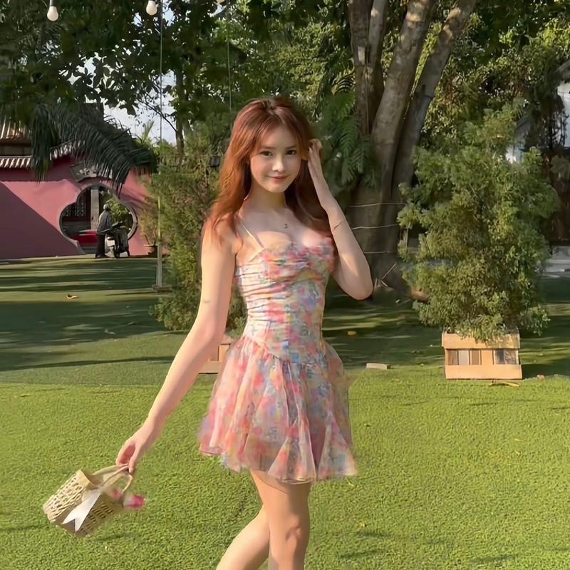 VÁY XÒE 2 DÂY NHÚNG NGỰC _ KHÁNH VY STORE 91402 Nữ Voan Women Dress