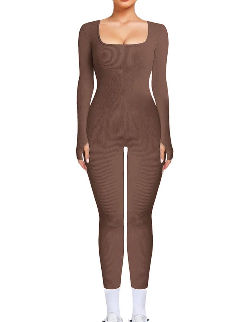 Product Introduction of Women's Solid Long Sleeve Square Neck Jumpsuit, Casual Comfy Skinny Jumpsuit for Daily Wear, Ladies Fall & Winter Clothes, Overalls 7