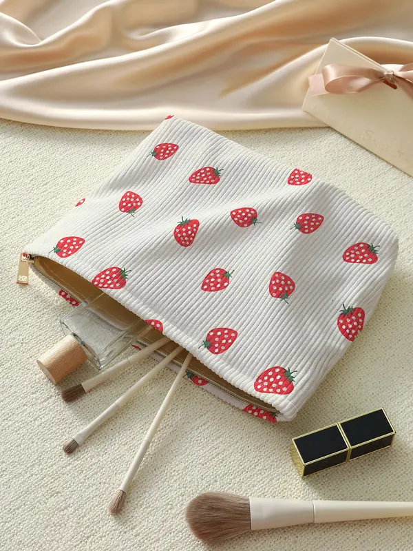 Strawberry Pattern Makeup Bag, Lightweight Multi-functional Travel Cosmetic Bag, Zipper Makeup Organizer Pouch, Versatile Storage Bag 4