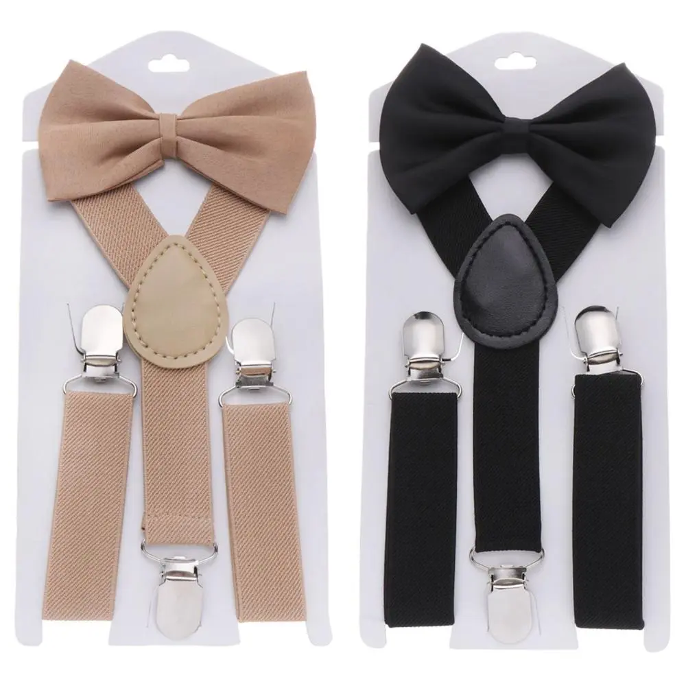 faninfan 2 Sets New Fashion Charming Children Wedding Dress Solid Color Baby Hair Bow Set Kids Suspenders Elastic Braces Cow Tie Belts Printed Bow Tie