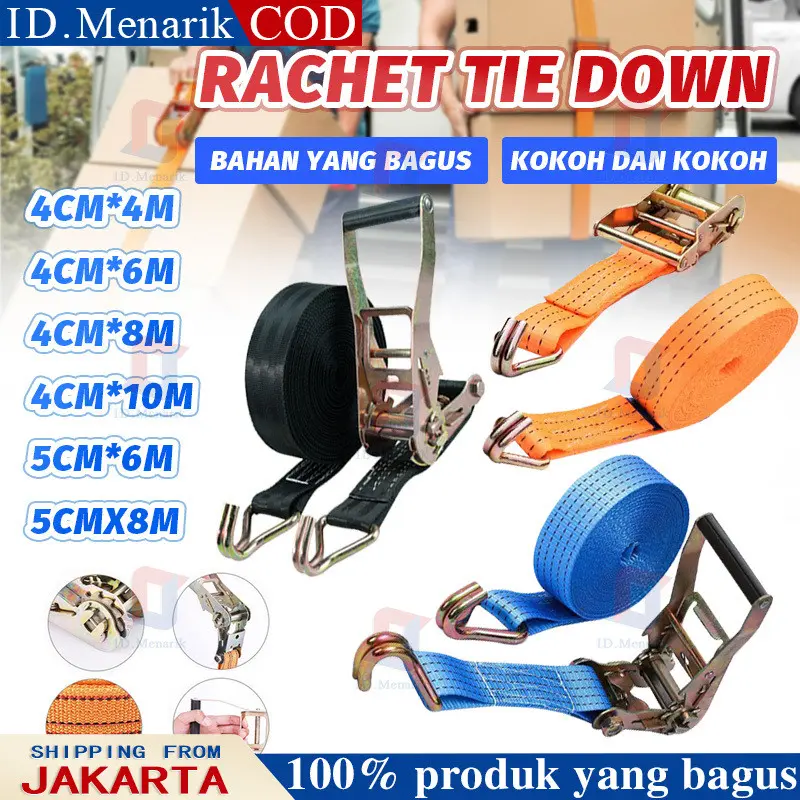 5cmX 6/8 meter/ 4cm x 4/6/8/10 meter Tali pengikat Barang motor/Ratchet tie down 10Ton tali pengikat barang di motor /tambang mobil pengikat barang/trekbel 10 meter besar/tali krek sound 5 meter/tali pengikat box speaker/tali trak bell 10 meter