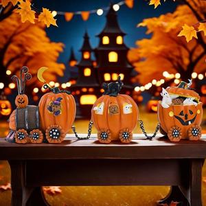 Halloween Pumpkin Cart Design Resin Ornament, 1 Count Indoor Outdoor Courtyard Lawn Porch Decor, Unique Gifts for Holiday Parties