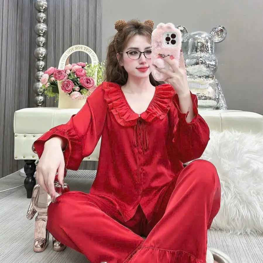 Sét bộ Lụa Dài , cổ áo bèo phối nơ , mẫu mới