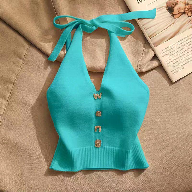 Áo Hai Dây Cổ Yếm, Phong Cách Cô Gái Nóng Bỏng, Dành Cho Mùa Hè Của Phụ Nữ, Có Thể Mặc Bên Trong Hoặc Ngoài Trời, Thiết Kế Đẹp, Trễ Vai, Áo Vest Dệt Kim Ngắn