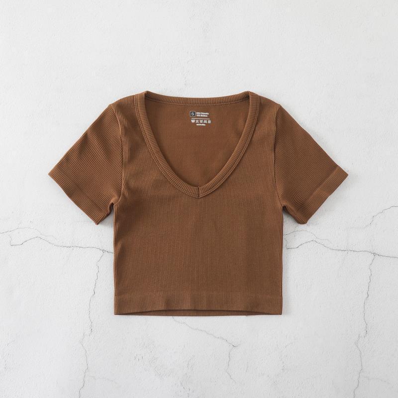 Product Introduction of European and American Yoga Wear Sexy Stretch Yoga Seamless Sports Top Short Sleeve V-Neck Slim Fit Solid Color Ribbed T-Shirt 14