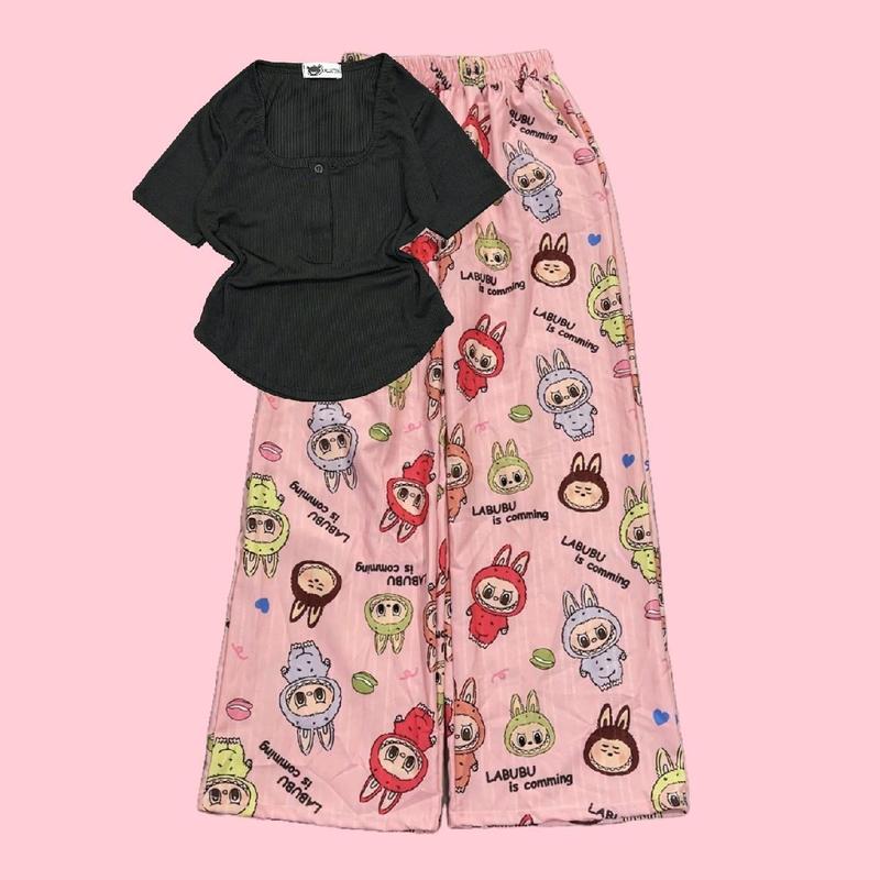 80.B32 Set bộ áo cổ tròn bầu có nút tay ngắn quần suông in hoạt hình labu quần chất đũi Kem Nữ Women Voi Top 3