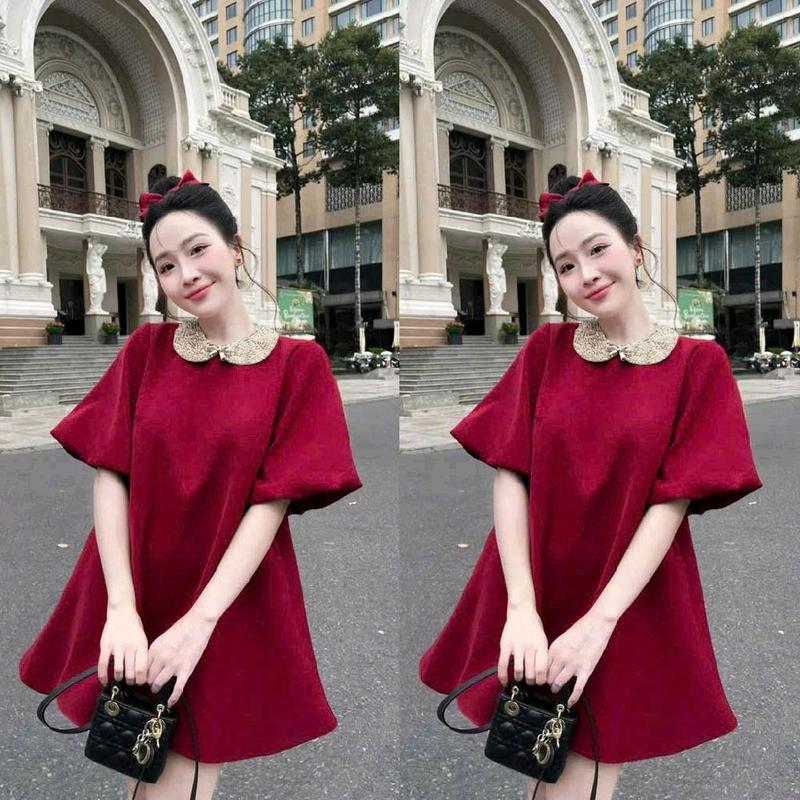 Đầm Babydoll Mango Tay Búp , Cổ Đính Cườm , Thanh Lịch Sang Trọng Dễ Thương Thời Trang Cao Cấp Quý Phái .Bầu Bí Bon Chen Được Thoải Mái Dress Voan Kim Tuyến 3