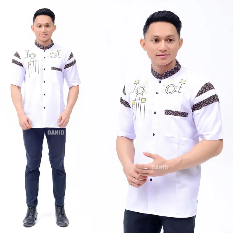 Kemeja koko lengan pendek pria dewasa motif kombinasi bordir bahan katun 2