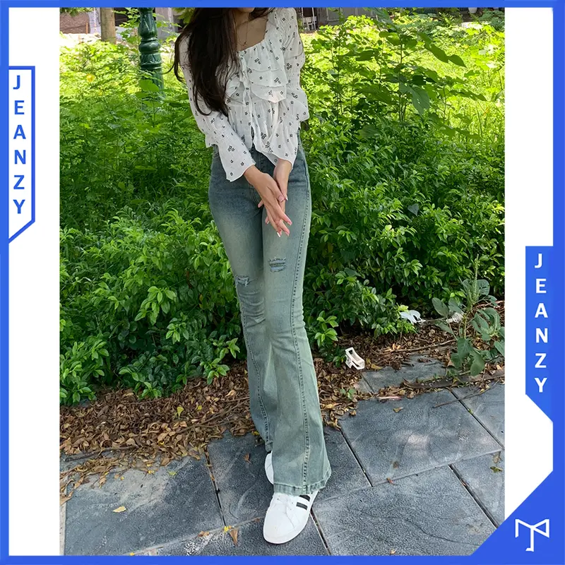 Quần jean ống loe màu xanh vintage đường may chéo mài rách JEAN ZY 4
