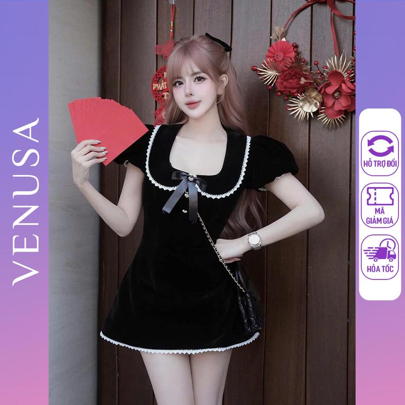 Váy nhung nữ BIGSIZE ngắn tay bồng cổ vuông viền trắng đính nơ trước Top Women Venusa Store