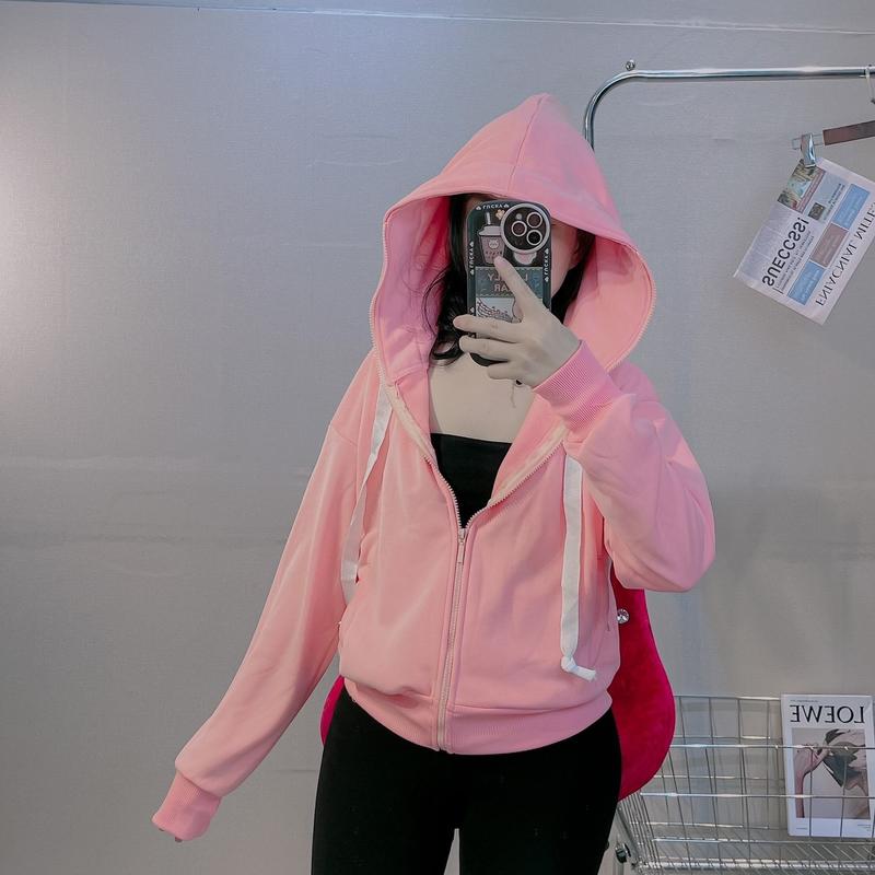 Áo Khoác Nữ Màu Hồng Đào Baby Siêu Cute Áo Khoác Hoodie Zip Chống Nắng Tốt Tay Phồng Vải Thun Da Cá Mỏng Mịn Mát