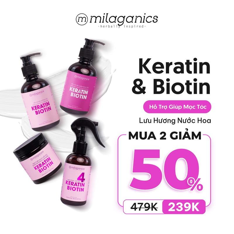 [MUA 2 CHAI GIẢM 50%] Combo Bộ Mọc Tóc Dưỡng Tóc Biotin Keratin Giảm Gãy Rụng: Dầu Gội Mọc Tóc Biotin & Keratin Chăm Sóc Tóc Uốn Duỗi Nhuộm MILAGANICS Dầu Gội - Dầu Xả - Xịt Tóc Nữ Women Cho Bé Iu