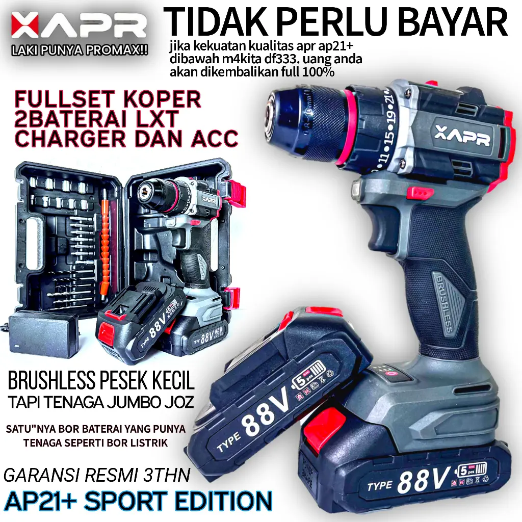 APR APR RAJA BOR BRUSHLESS TYPE AP21+ 10mm keyless auto lock 2baterai 88vf lxt mesin bor besi kayu driver sekrup drill APR