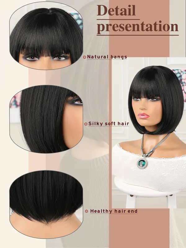12 Inch Short Straight Bob Wig, Fashion Gorgeous Fluffy Wigs for Women, Synthetic Full Machine Wigs for Party, Daily Use 3