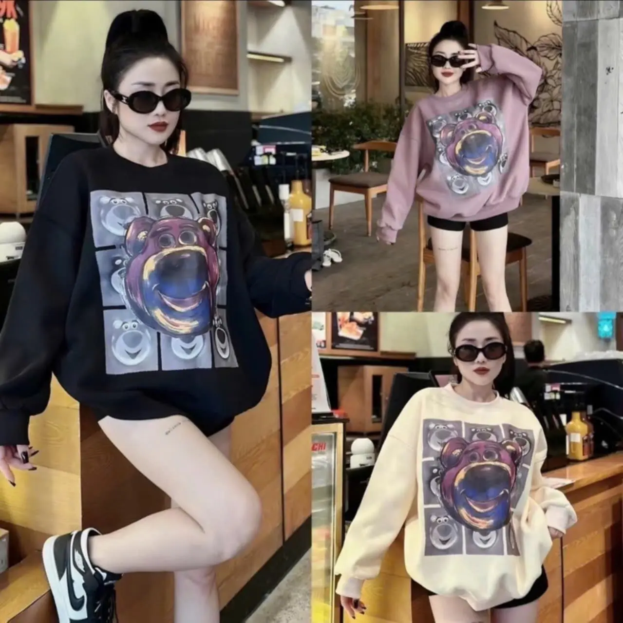 TN3 ÁO NỈ SWEATER IN HÌNH GẤU POOH KẺ 9 Ô, ÁO NỈ LÓT BÔNG, ÁO NỈ 2 DA DÀY DẶN FORM RỘNG THU ĐÔNG