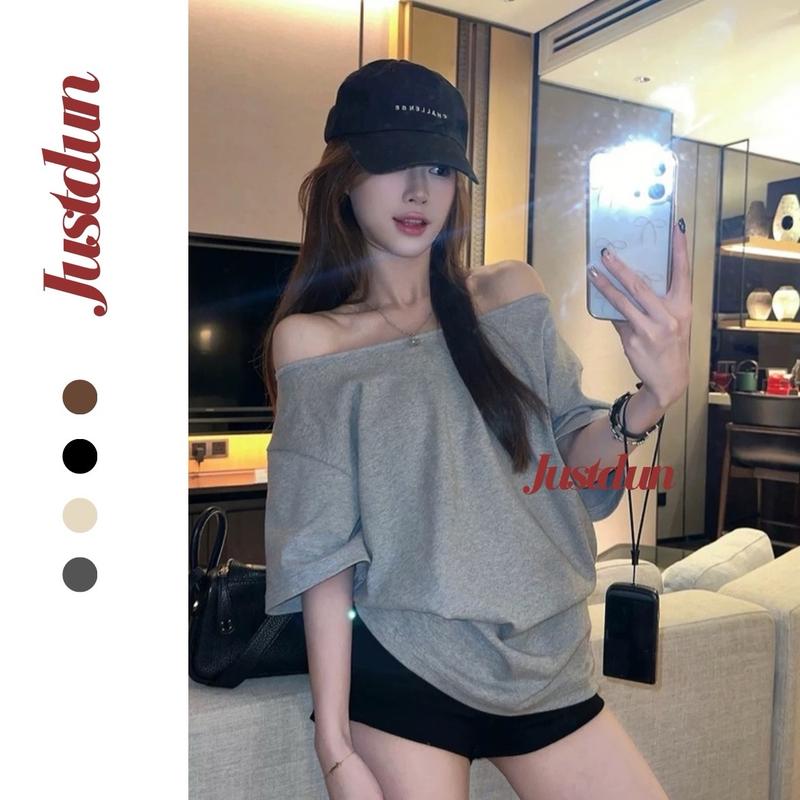 (COMBO 2 ÁO) ÁO THUN NỮ DÁNG RỘNG LỆCH VAI CỘC TAY JUSTDUN T42