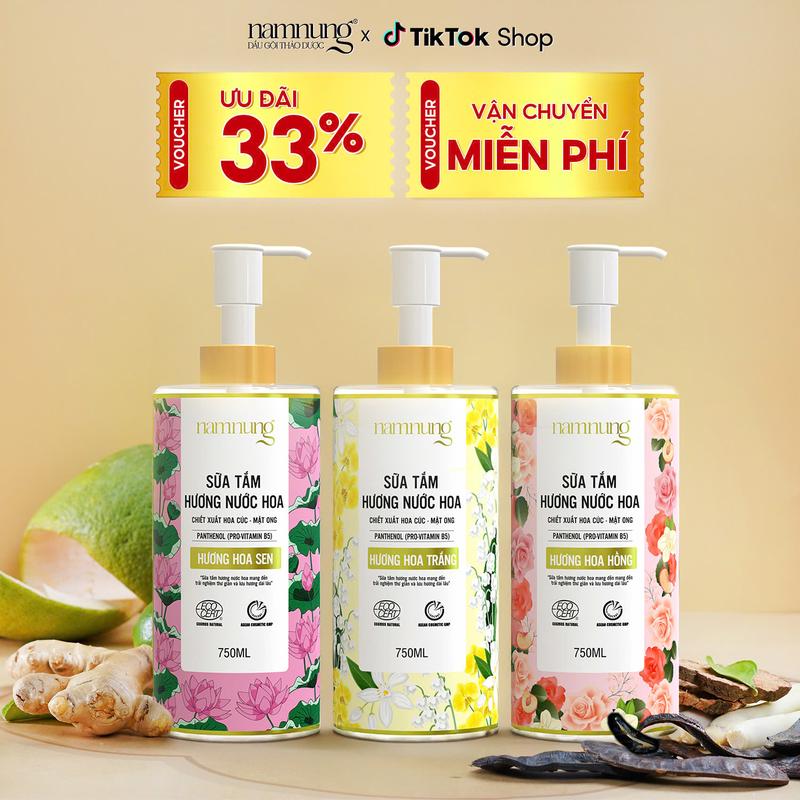 [COMBO TIẾT KIỆM] 03 Sữa Tắm Nước Hoa Cao Cấp hỗ trợ da trắng mịn, dưỡng ẩm, sữa tắm thảo dược Namnung 750ml chiết xuất thiên nhiên Mật ong, hoa cúc Chăm sóc da Chăm sóc body nữ (Hương Hoa Sen, hoa hồng, hoa trắng) FREESHIP