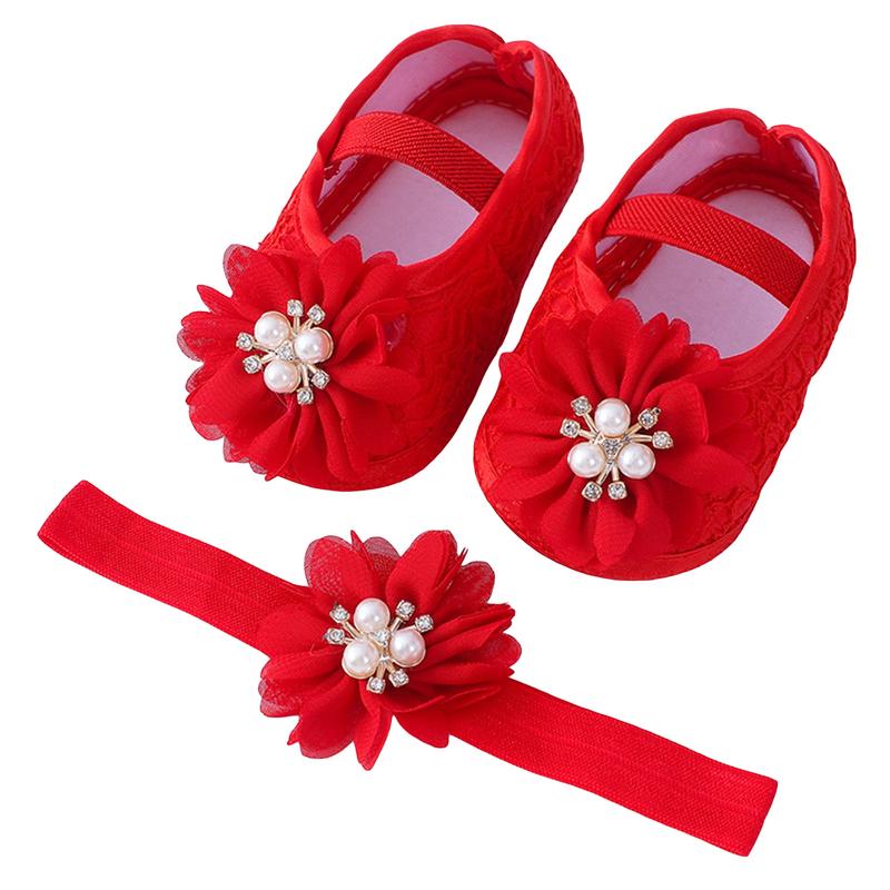 Baby Girls Flats and Headband Soft Sole Non-slip Pearl Flower Princess Wedding Dress Walking Shoes for Newborn 7