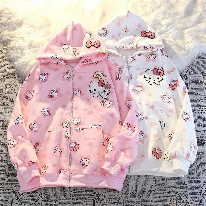 ÁO KHOÁC NỈ 3D HELLOKITTY ÁO KHOÁC HOODIE ZIP NỈ KHÓA KÉO FORM RỘNG Nữ Unisex áo khoác cardigan hello kitty áo hoodie zip hello kitty Women Top