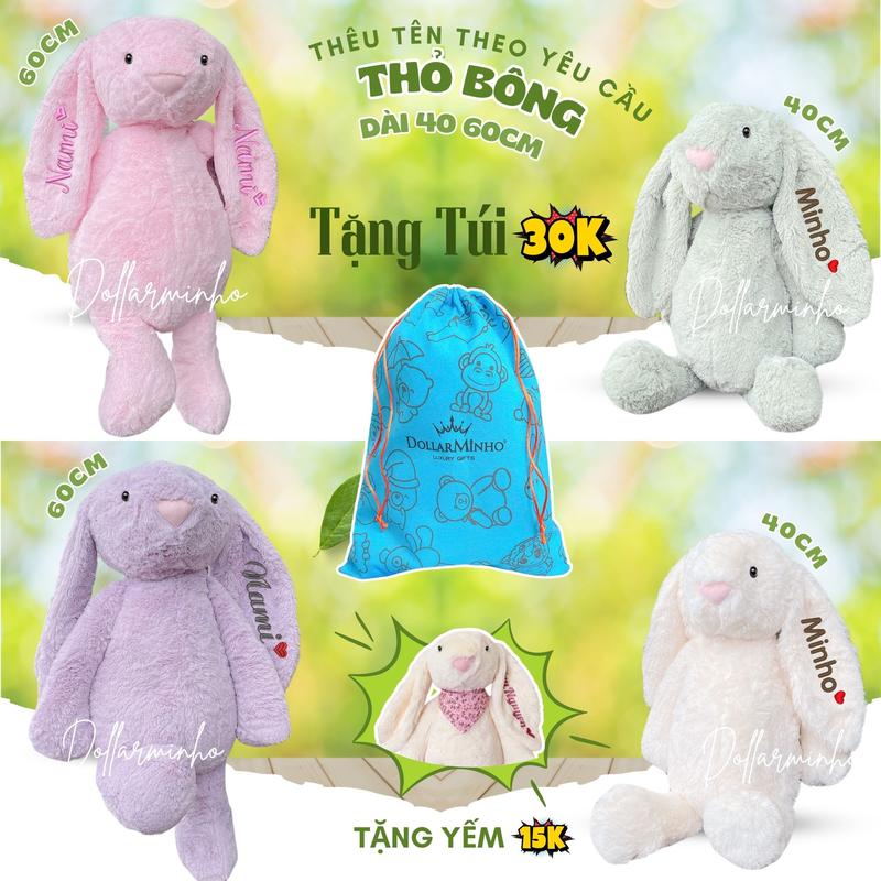 (Tặng Túi Yếm) Thỏ Bông JeIIyCat Bunny THÊU TÊN Theo Yêu Cầu, Thỏ Bông Mềm Dành Cho Bé Và Người Thương- Size 60cm
