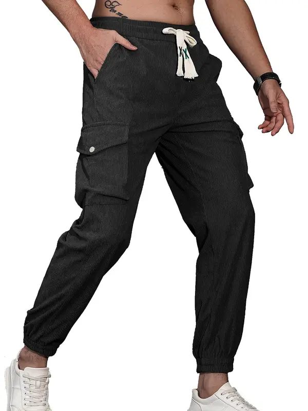 Men's Solid Pocket Drawstring Waist Corduroy Pants, Regular Fit Casual Street Fashion Trousers for Spring & Fall, Men's Bottoms for Daily Wear 0
