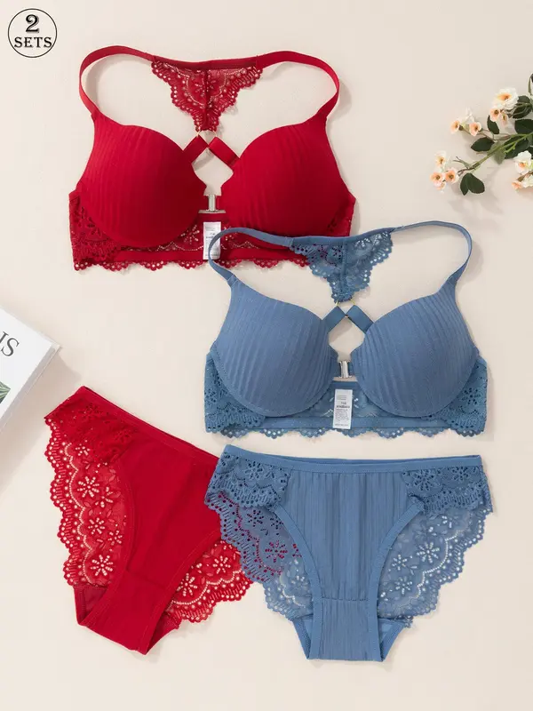 Women's Solid Color Lace Bra & Panty Two-Piece Set, Adjustable Strap Push Up Bra & High Waist Panty, Lingerie Set for Women 2