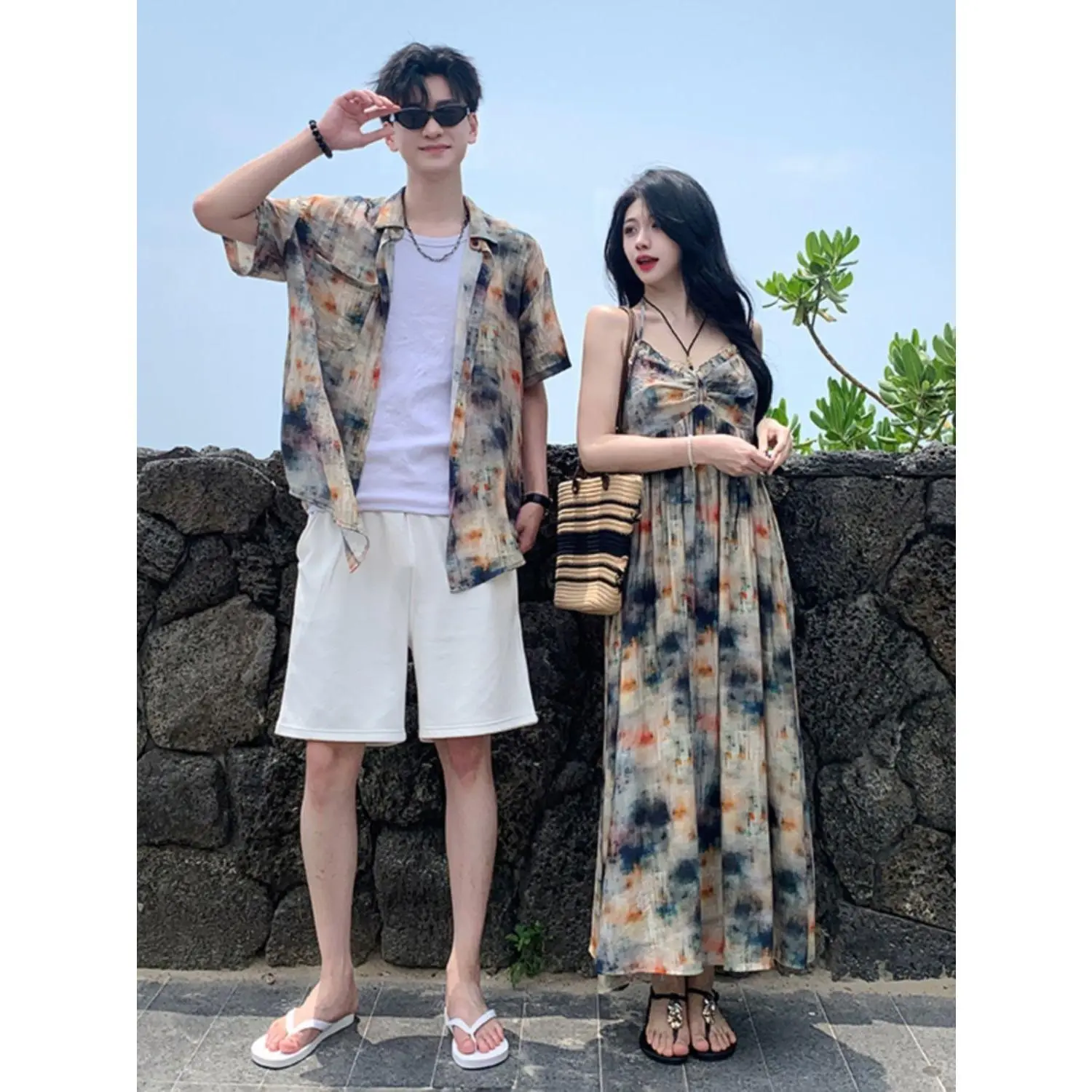 Váy Hai Dây Ren Đi Nghỉ Mát Bờ Biển Quần Áo Cặp Đôi Bộ Áo Sơ Mi ngắn Tay Mùa Hè Váy Dài Cổ Điển Một Váy Một Váy