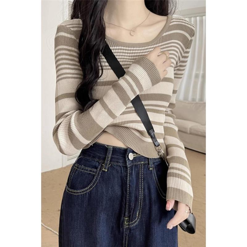 Áo Mặc Bên Trong Lớp Cơ Sở, Phong Cách Mỹ, Dành Cho Nữ, Cổ Điển, Đồ Len Kẻ Sọc, Ngắn, Thích Hợp Cho Mùa Thu, Dễ Phối Đồ, Duyên Dáng, Phong Cách Xã Hội Women Top Sọc Kẻ 6