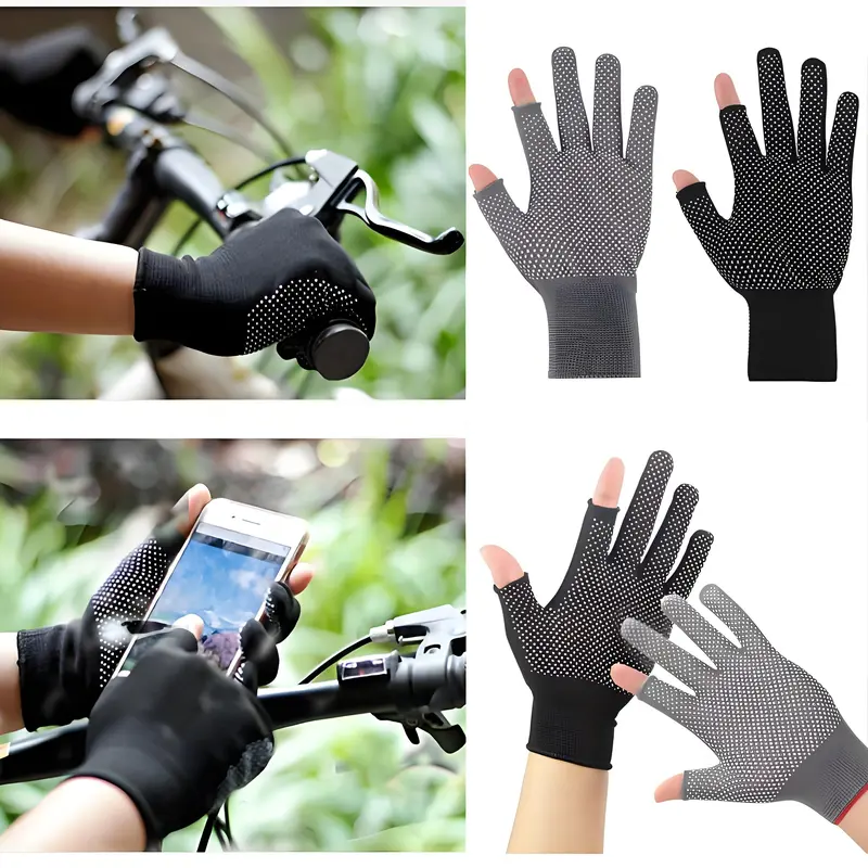 2pcs Breathable Anti-Slip Sunscreen Gloves - High Elasticity, Thin Dacron Material, Solid Color, Touchscreen Compatible for Outdoor Activities, Black & Grey, Sun Protection Clothing 2