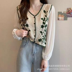 เสื้อเชิ้ต แขนยาว สไตล์โครเชต์ปักฝรั่งเศส สำหรับผู้หญิง คอลเลคชั่นสปริงใหม่ ดีไซน์สวย เสื้อสั้นร่องอก ดีไซน์เฉพาะ อินเทรนด์